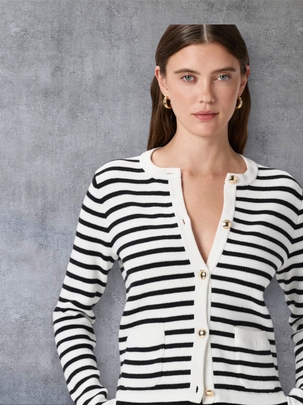 Quince Black and White Striped organic V-Neck Cardigan with Gold Buttons - Picture 6 of 10